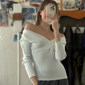 Source Unknown White Ribbed Wrap Top, off the shoulder